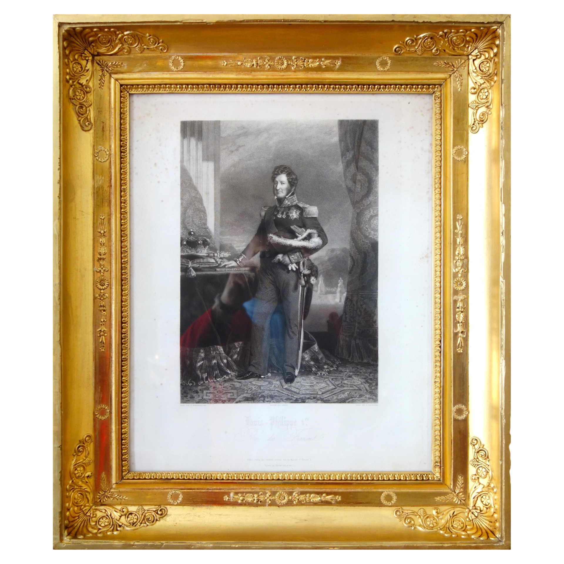 Gravure Royaliste - Louis Philippe Roi des Français, luxueux cadre en bois doré à la feuille d'or