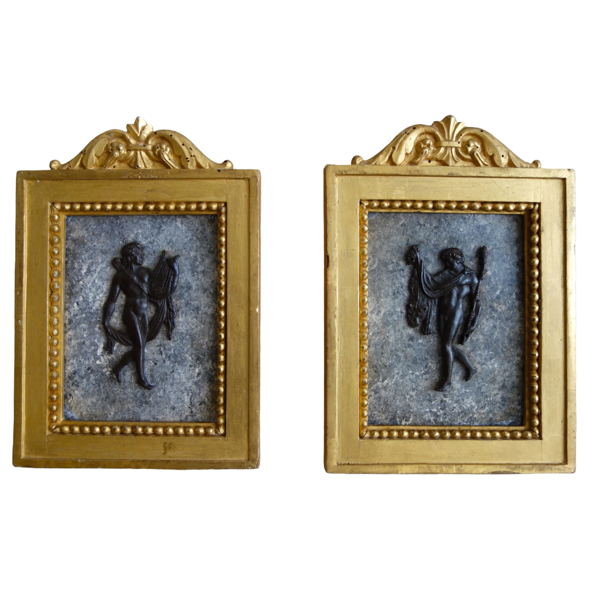 Souvenirs du Grand Tour - paire de tableaux miniatures en bronze, faux marbre et bois doré