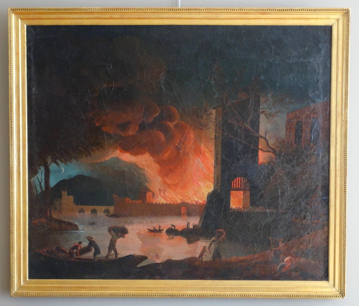 Détail — Grande huile sur toile, souvenir du Grand Tour - Incendie d'une ville - 127cm x 109cm