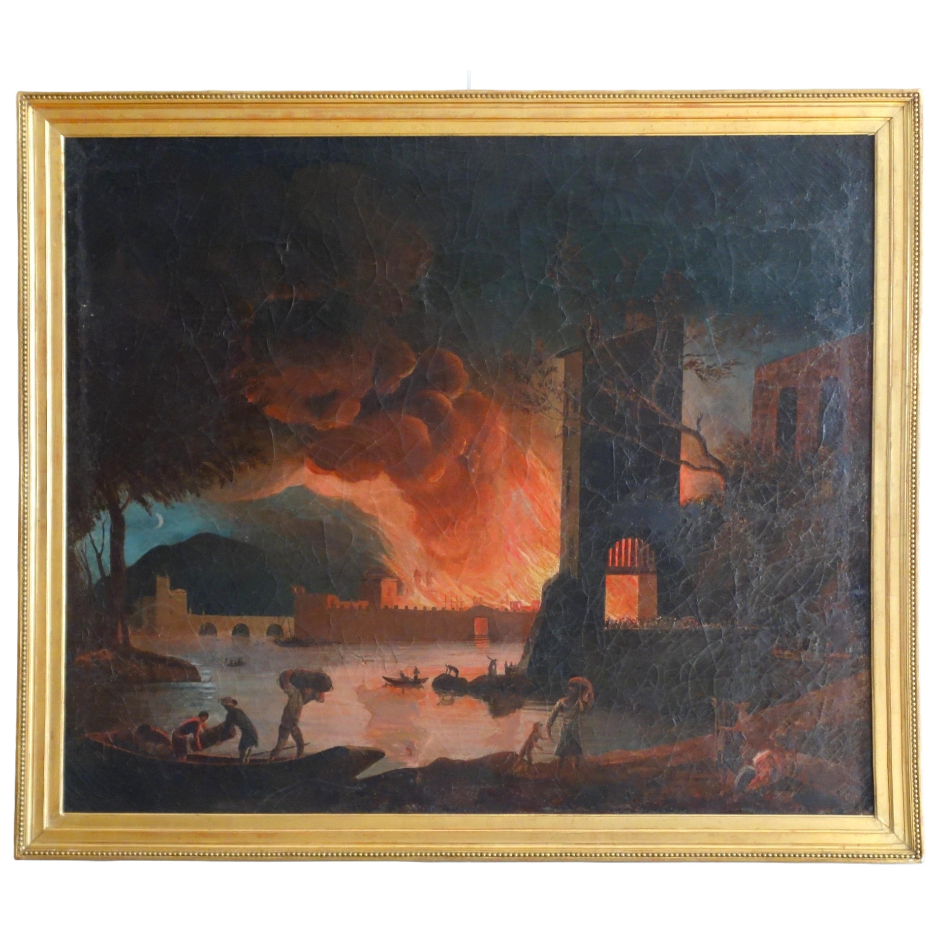 Grande huile sur toile, souvenir du Grand Tour - Incendie d'une ville - 127cm x 109cm