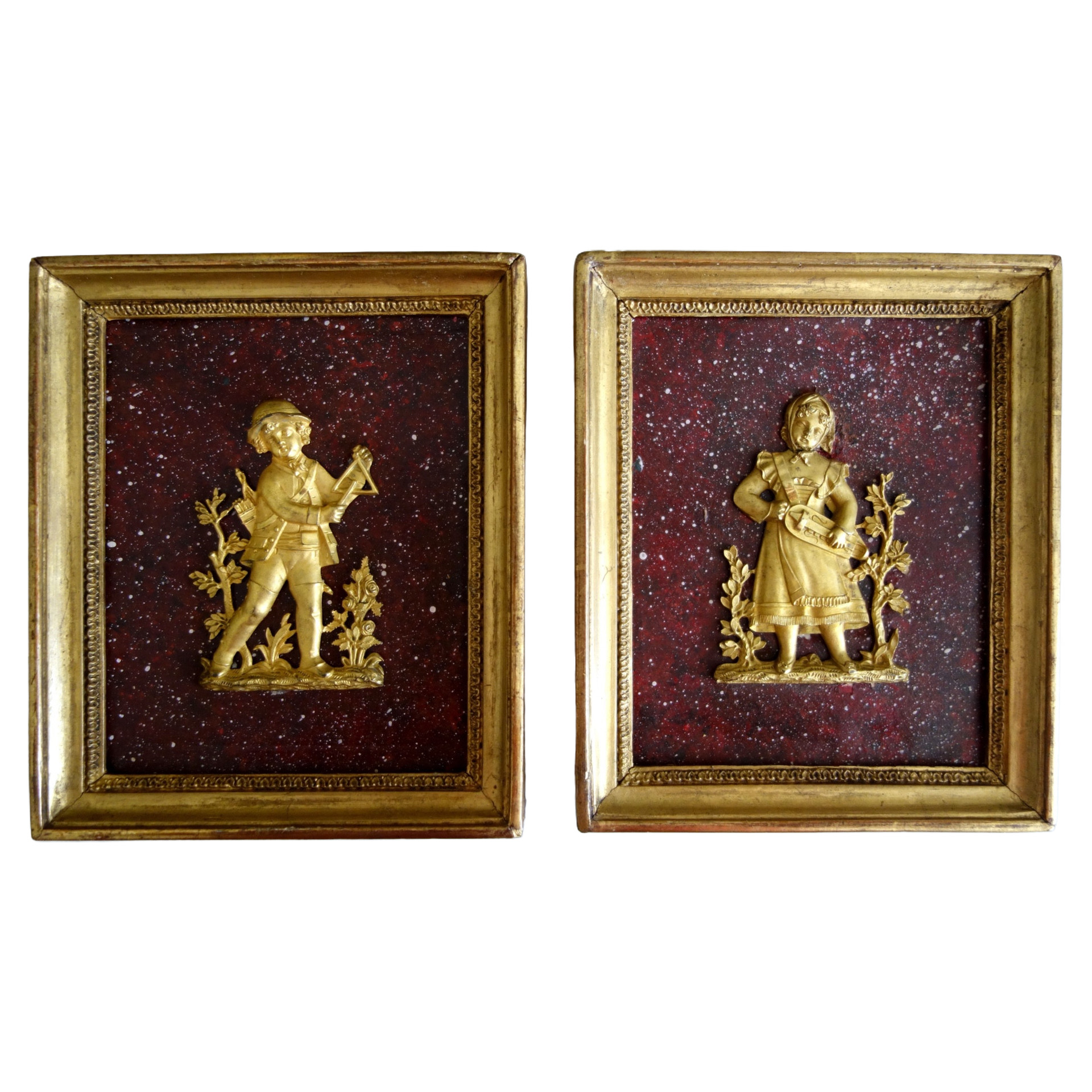 Paire de médaillons miniatures en bronze doré au mercure, fond faux porphyre - début XIXe siècle
