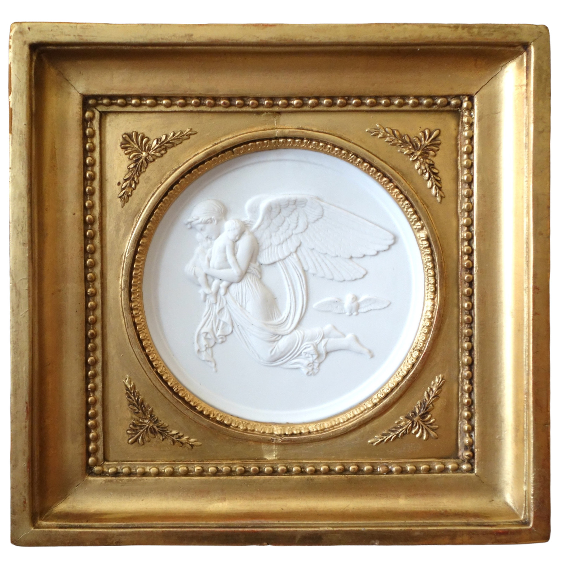 Large Empire style biscuit medal - allegory of night, gold leaf gilt wood frame