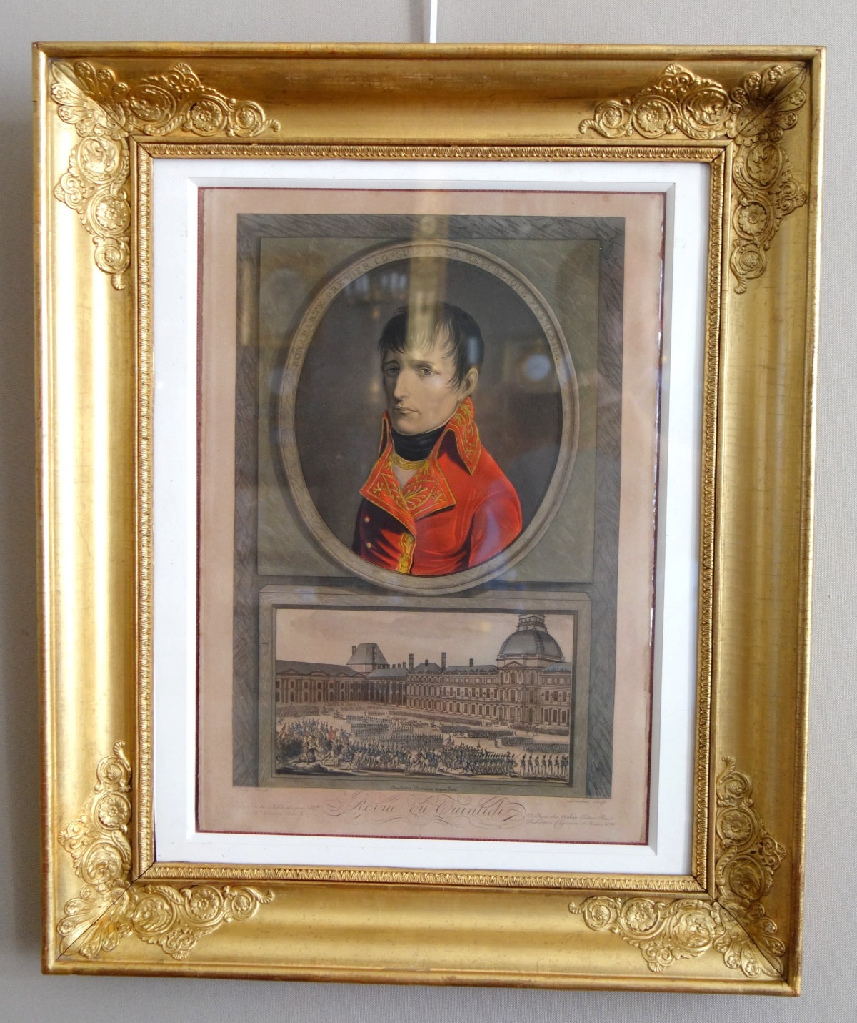 Détail — Eau-forte aquarellée : revue du Quintidi par Napoléon Bonaparte 1er Consul, cadre en bois doré