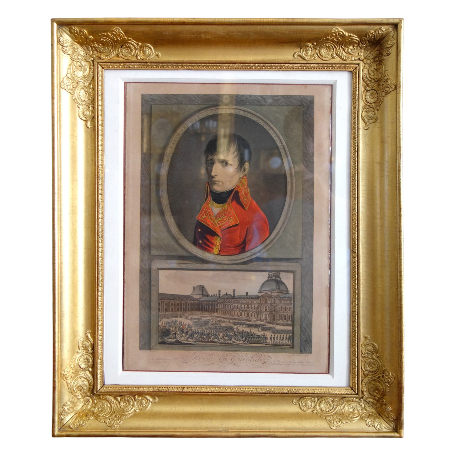 Eau-forte aquarellée : revue du Quintidi par Napoléon Bonaparte 1er Consul, cadre en bois doré